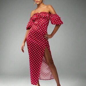 Elegant Red Polka Dot Off-Shoulder Dress